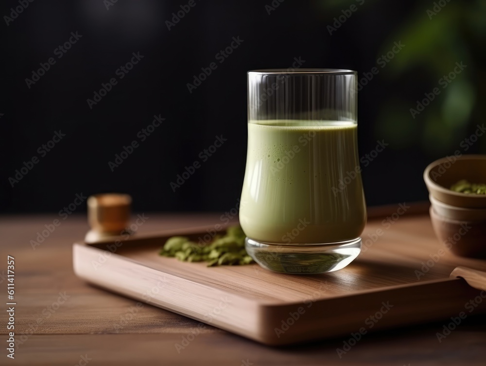 Matcha in glass on wooden tray, Japanese drinks. Generative AI Matcha in glass on wooden tray, Japanese drinks. Generative AI