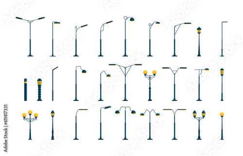 Outdoor urban light. Electric street lamp icons, modern and vintage town lamp post ornamental design, old streetlamp electric power. Vector set. Realistic metal lampposts for streetlight
