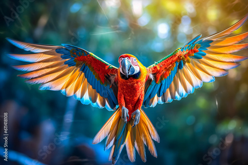 A parrot spreading its wings wide in a colorful display of flight. © Suplim