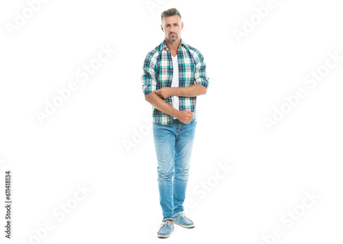 casual man wearing a plaid shirt and jeans, full length. A handsome casual man looking confident and stylish. A casual man in a checkered shirt and jeans. A cool casual man against white background © be free