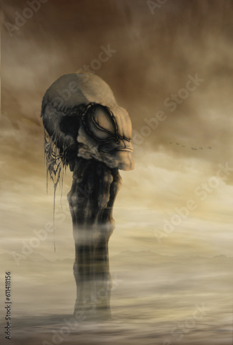 ancient alien creature or structure in solitude on a barren world. Surreal desert landscape hand painted digital artwork. Moody monochrome clouds in dystopian planet
