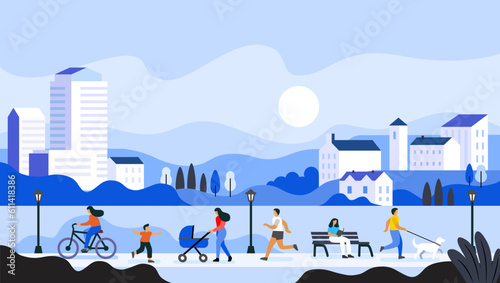 Town landscape with facades of buildings. Cottage houses with people walking