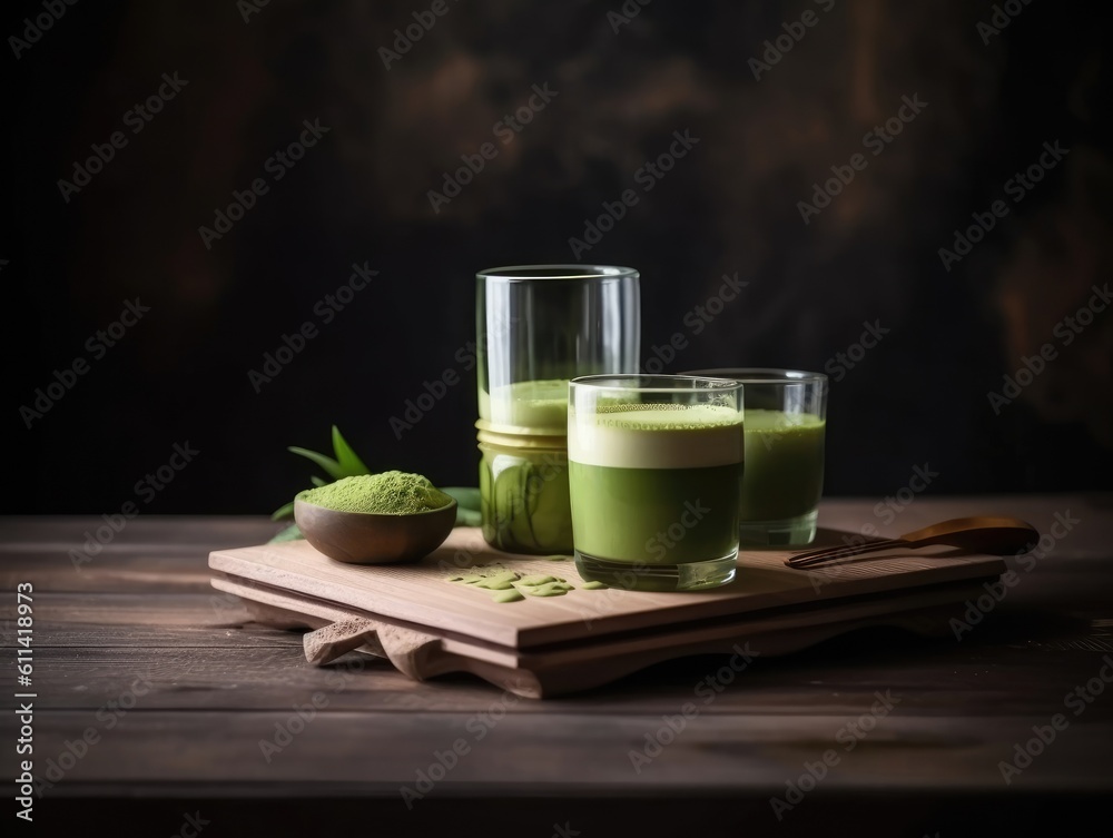 Matcha in glass on wooden tray, Japanese drinks. Generative AI Matcha in glass on wooden tray, Japanese drinks. Generative AI