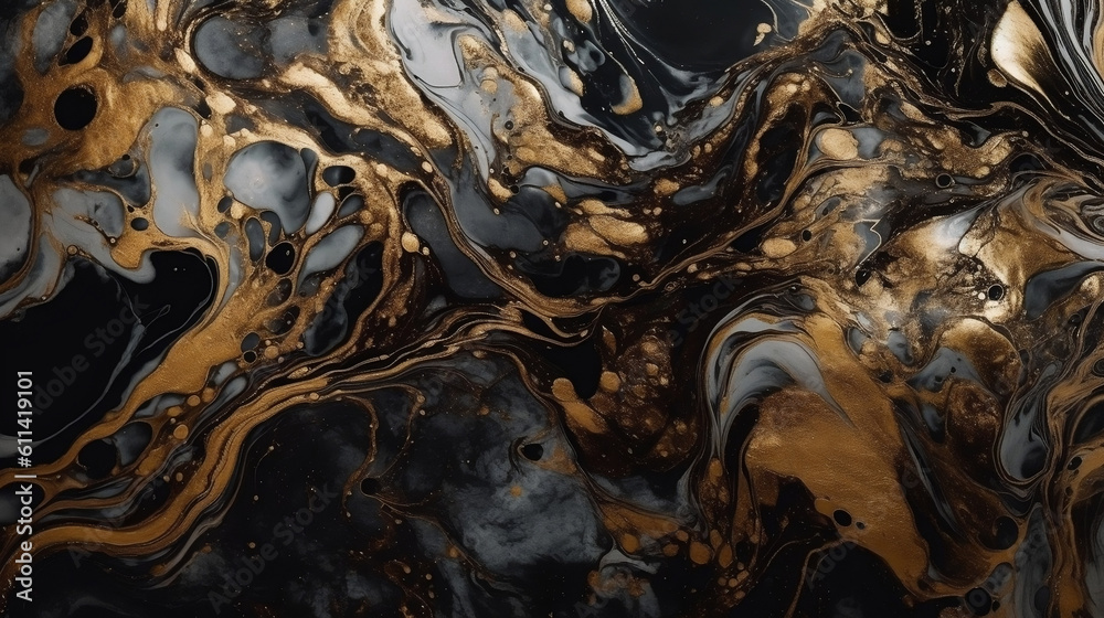 Fluid Elegance: Black and Gold Liquid Marble Wallpaper for Sophisticated Business Decor. Generative AI. 