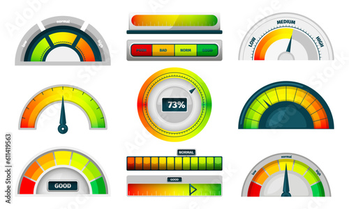 Speedometer indicator. Energy and rate measurement dial with arrow, rate gauge and number, efficient dashboard gauge for progress report. Vector set. Panels with different levels, vehicle equipment