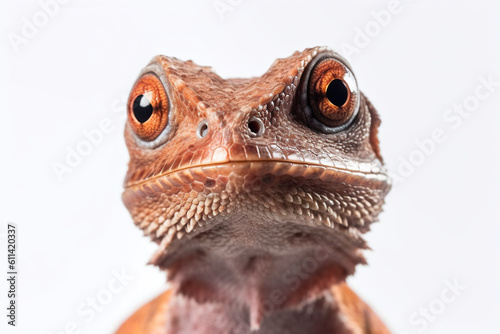 A close up of a lizard's face on a white background. Generative AI. © Friedbert