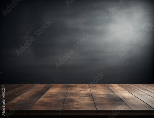 Dark wall background with empty wooden table  this background use for product display  close view of an empty wooden table with dark wall  smoky wall  seamless wooden texture  Generative AI