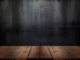 Dark wall background with empty wooden table, this background use for product display, close view of an empty wooden table with dark wall, smoky wall, seamless wooden texture, Generative AI