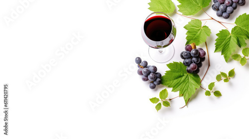 Wine banner with glass of red wine and red vine on white background