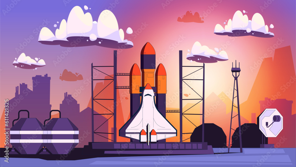 Space rocket launch composition. Cartoon space shuttle with crew and ...