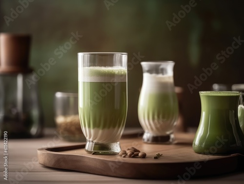 Matcha in glass on wooden tray, Japanese drinks. Generative AI