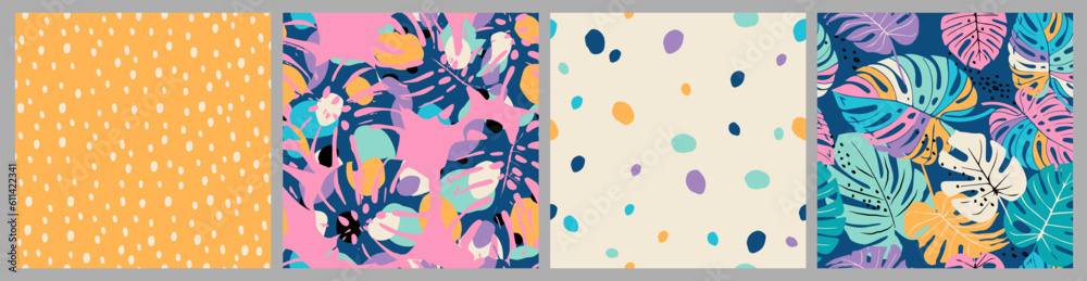 Set of Hand drawn tropical flowers, polka dot, stripe, abstract backgrounds. Seamless patterns with floral for fabric, textiles, clothing, wrapping paper, cover, interior decor.