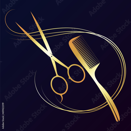 Golden scissors comb and curl of hair