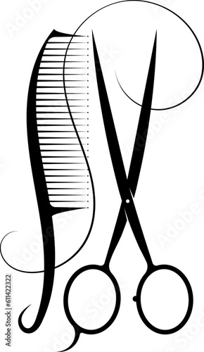Hair stylist scissors and comb with curl of hair