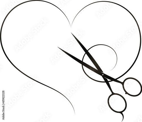 Scissors and a curl of hair in the form of a heart. Design for a beauty salon