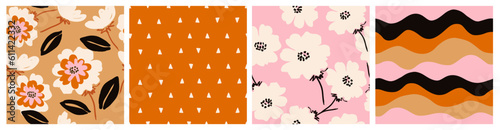 Set of Hand drawn tropical flowers, polka dot, stripe, abstract backgrounds. Seamless patterns with floral for fabric, textiles, clothing, wrapping paper, cover, interior decor.