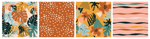 Set of Hand drawn tropical flowers, polka dot, stripe, abstract backgrounds. Seamless patterns with floral for fabric, textiles, clothing, wrapping paper, cover, interior decor.