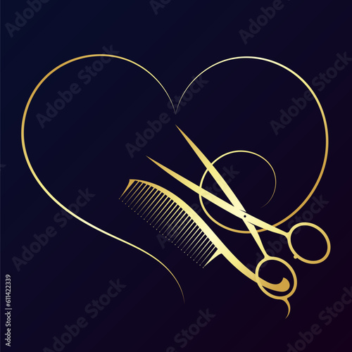 Golden scissors comb and lock of hair in the form of a heart. Design for a beauty salon