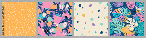 Set of Hand drawn tropical flowers, polka dot, stripe, abstract backgrounds. Seamless patterns with floral for fabric, textiles, clothing, wrapping paper, cover, interior decor.