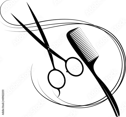 Stylist scissors and comb with curl of hair