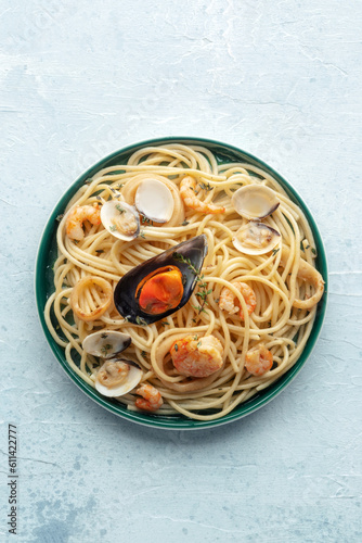 Seafood pasta, top shot. Spaghetti with mussels and calamari, shripms etc