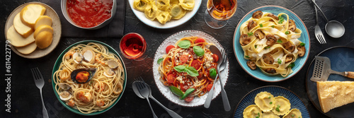 Pasta variety panorama on black. Italian food and drinks, overhead flat lay shot