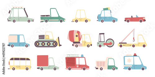 Kids transport collection. Cartoon childish vehicles for transportation, flat colorful auto transport, truck and bus icons. Vector isolated set. Ambulance, fire and concrete trucks, tractor