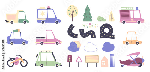 Cute road and transport collection. Cartoon vehicle transport icons bus car truck with traffic signs trees bushes, cartoon autotransport in flat style. Vector isolated set. Ambulance and fire truck photo