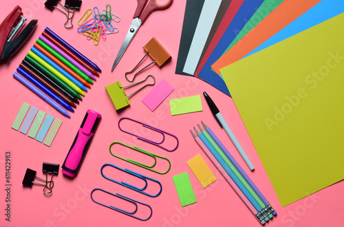 Zenith view, school supplies, various accessories in full color copy space.