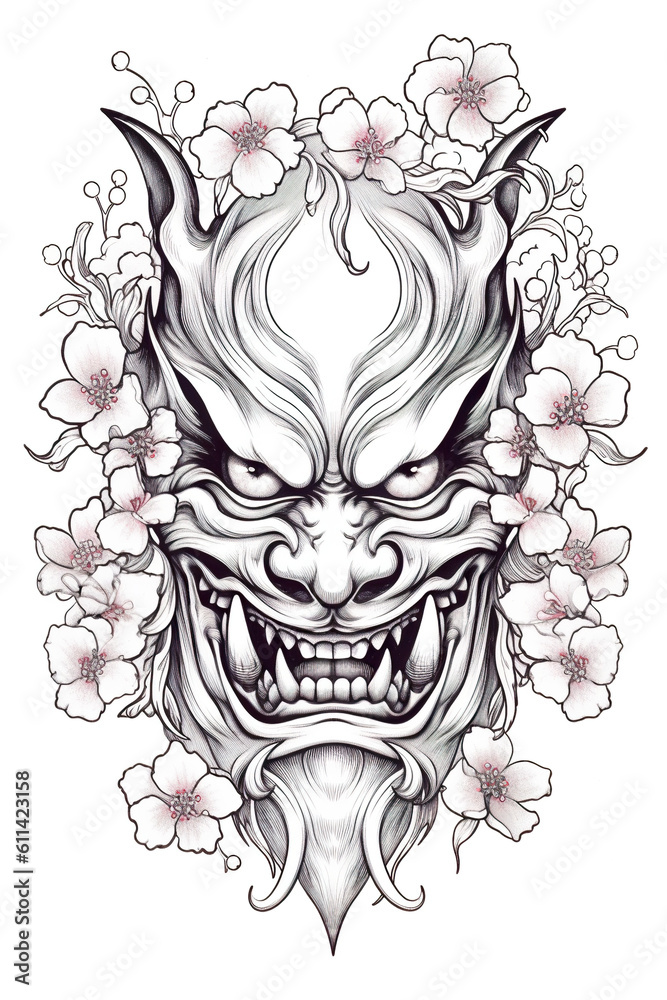 A demon mask with flowers around it. Generative AI. A demon mask with flowers around it. Generative AI.