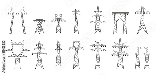 Electric line pole. Grid power transmission and distribution, high voltage pylons, cable and wire transmission infrastructure. Vector isolated set. Transmission tower with power lines