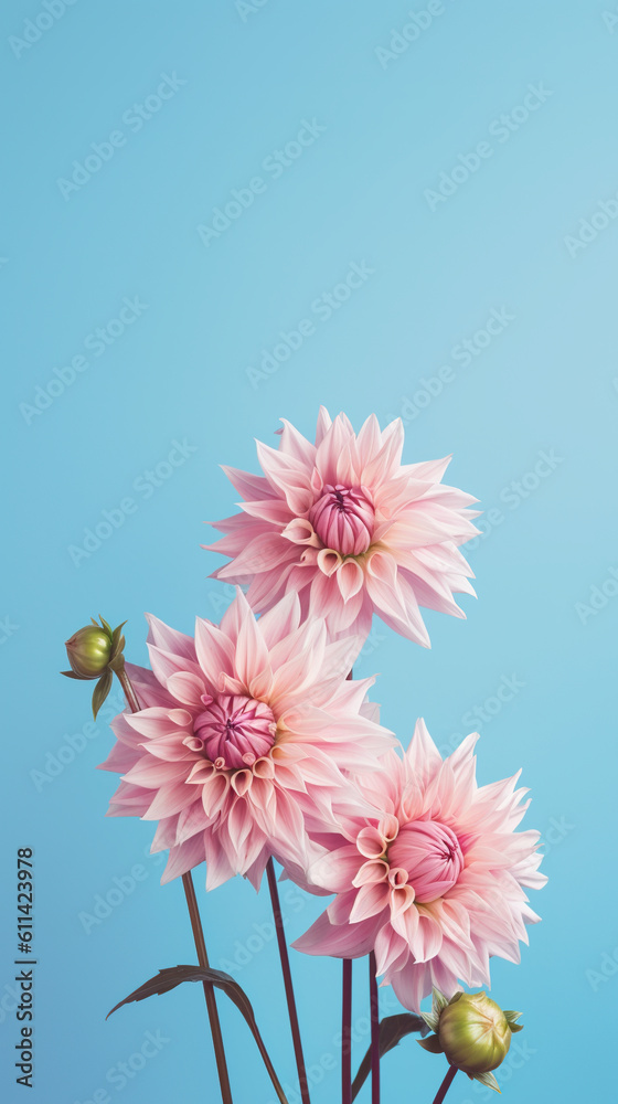 A vase filled with pink dahlia flowers on top of a table. Generative AI. Copy space, place for text, copyspace.
