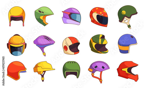 Cartoon helmets collection. Head protection sport headgear, racing bike car motorbike helmet, extreme sport equipment. Vector set. Different safety equipment for riding bicycle, motorcycle