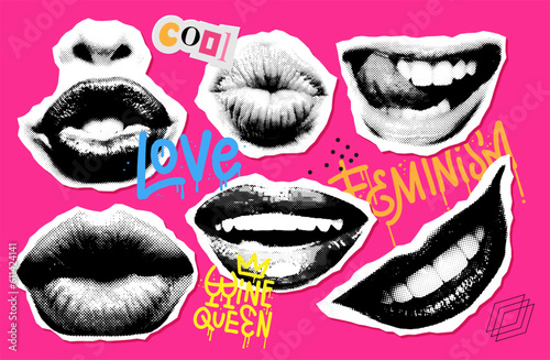 Collage mouth set with grunge lettering elements. Halftone lips for banner, graphic, poster, illustration. Vector illustration of kiss, smile, tongue, open mouth. Texture elements sticker kit. photo