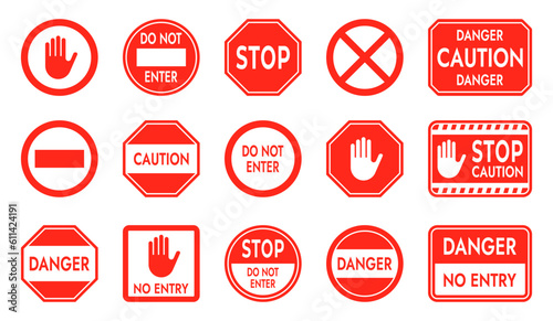 Prohibition stop sign. Warning danger crosswalk pedestrian area, car prohibited zone and roadway crosswalk alert sign. Vector illustration. Road signs with warning, caution and restrictions