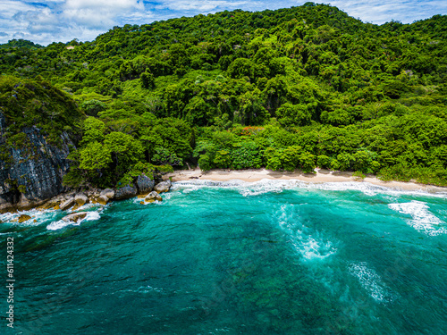 Drone shot of the coastline of Playa Cuevas in Costa Rica.