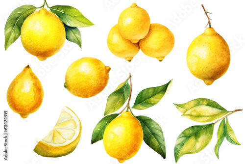 collection of lemon decorated with lemons and lemon leaves in watercolor design isolated on transparent background