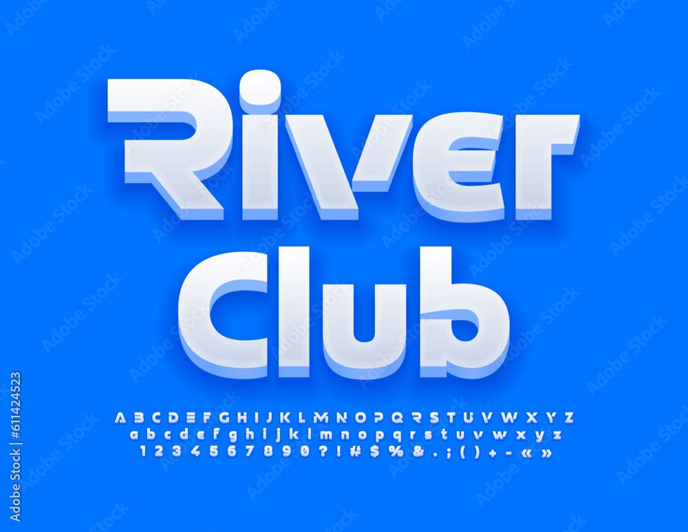Vector creative Sign River Club. Modern White 3D Font. Artistic Alphabet Letters and Numbers set Vector creative Sign River Club. Modern White 3D Font. Artistic Alphabet Letters and Numbers set