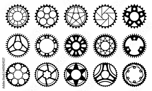 Bicycle gear wheel. Factory bicycle sprocket with cogwheel, industrial mechanism circular disk for chain drive. Vector illustration. Transportation components and equipment parts set