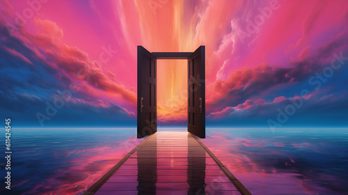 a door through a cloudy sky with rays in the background. Generative AI.