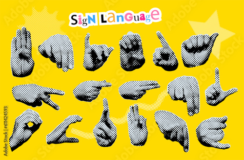 Set of Trendy 90s style abstract grunge hands showing sign language gextured. Halftone dotted vector illustration.