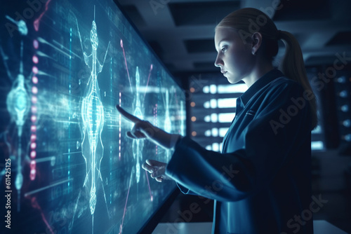 Medicine in Future. Nanotechnology hologram innovation, Digital healthcare and network connection on hologram modern virtual screen interface, medical technology and network concept.
