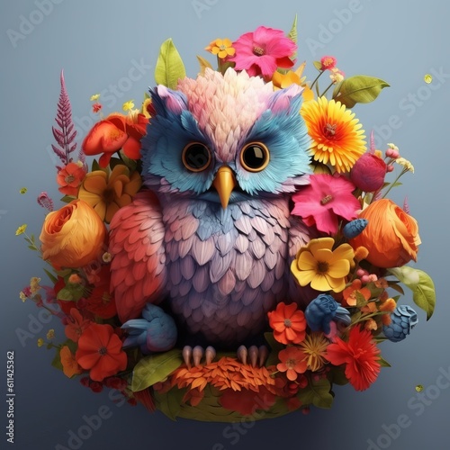 Super Cute Baby Owl Surrounded by Flowers © Jardel Bassi