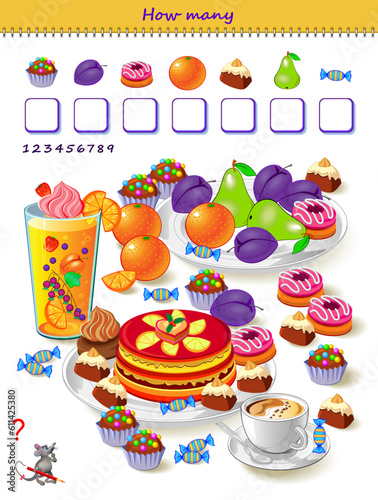 Educational page for little children. How many sweets can you find in the picture? Count the quantity and write the numbers. Printable worksheet with exercise for kids. Logic puzzle game.