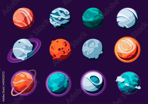 Planets collection. Cartoon fantasy planet with different shape and color, universe cosmic group of different shape planetoid and satellites. Vector set. Galaxy universe bodies isolated in space photo
