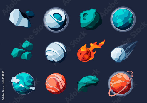 Planets and asteroids. Sci-Fi universe cartoon rock meteorites, funny game user interface asset of comic space asteroids and sphere meteorites. Vector set. Fantastic alien world, isolated shapes