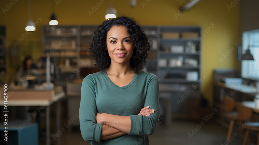 Successful small business owner standing with crossed arms with his trendy cafe in background.?reated with Generative AI technology.