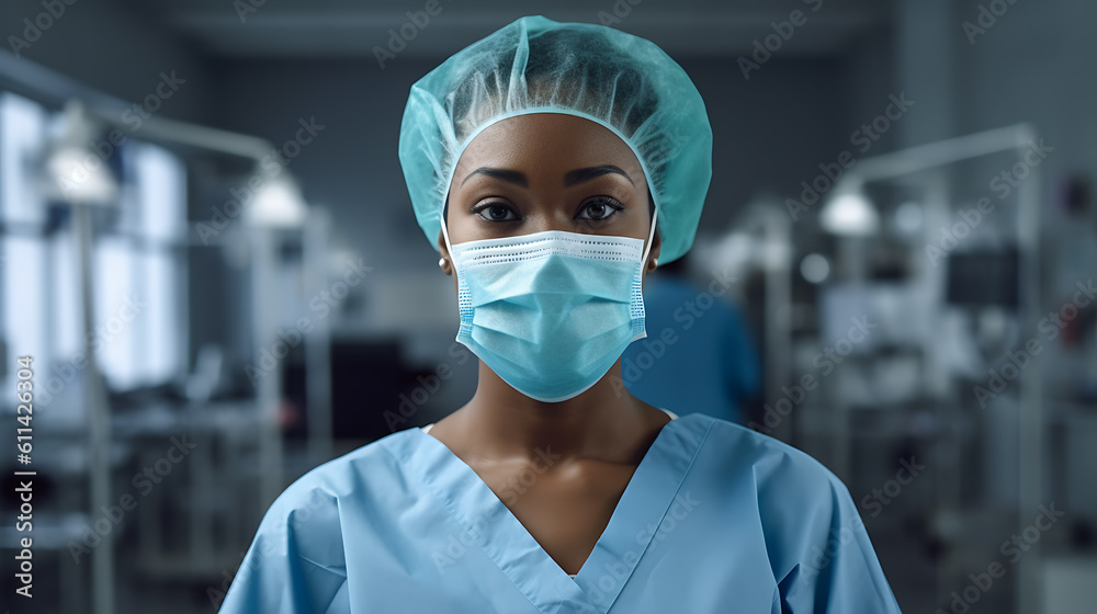 Close-up portrait of a african-americal female surgeon against the modern operating room.Сreated with Generative AI technology. Close-up portrait of a african-americal female surgeon against the modern operating room.Сreated with Generative AI technology.