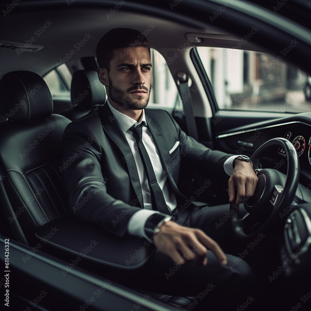 Attractive young man man in business suit driving car. Attractive young man man in business suit driving car.