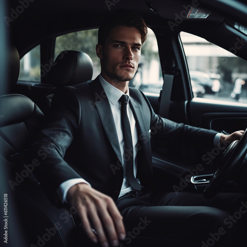 Attractive young man man in business suit driving car. © Lucky Fenix